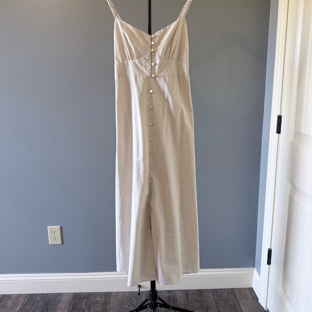 Women's Beige Midi Button-Front Dress